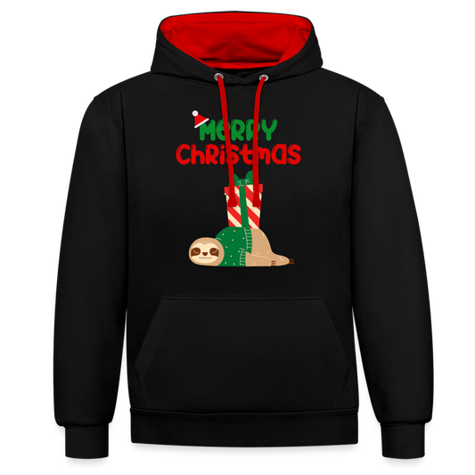 Kontrast-Hoodie - Merry Christmas Faultier schlafend - Schwarz/Rot