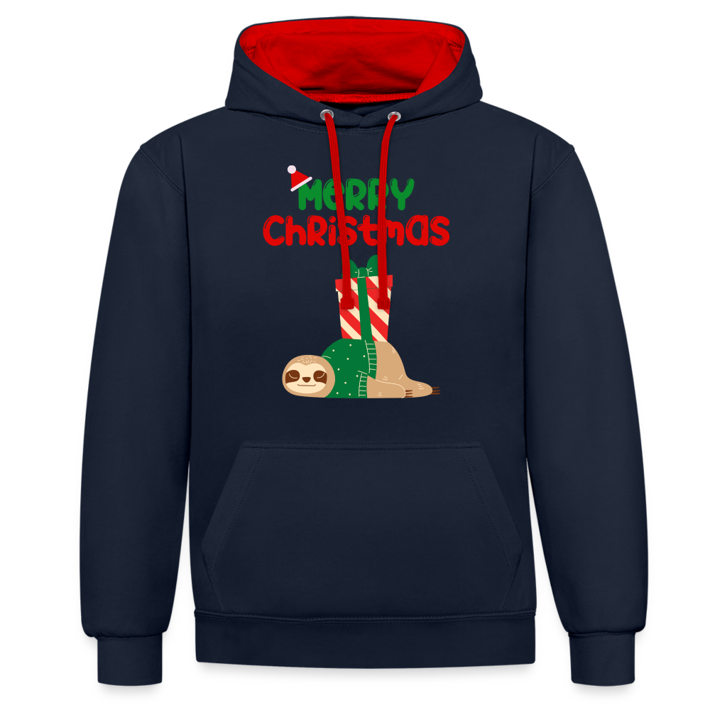 Kontrast-Hoodie - Merry Christmas Faultier schlafend - Navy/Rot