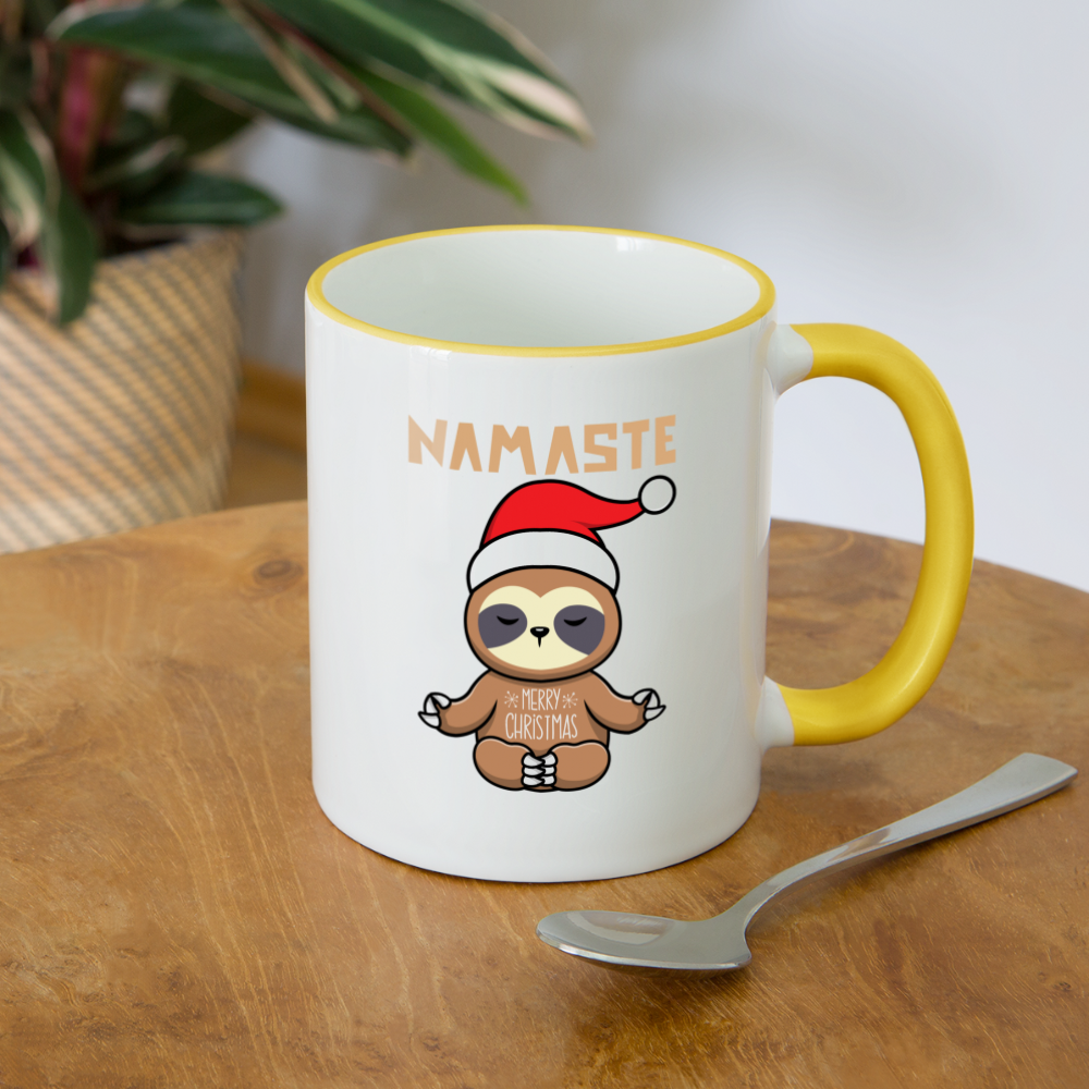 Tasse zweifarbig - Christmas Yoga Faultier - Weiß/Gelb