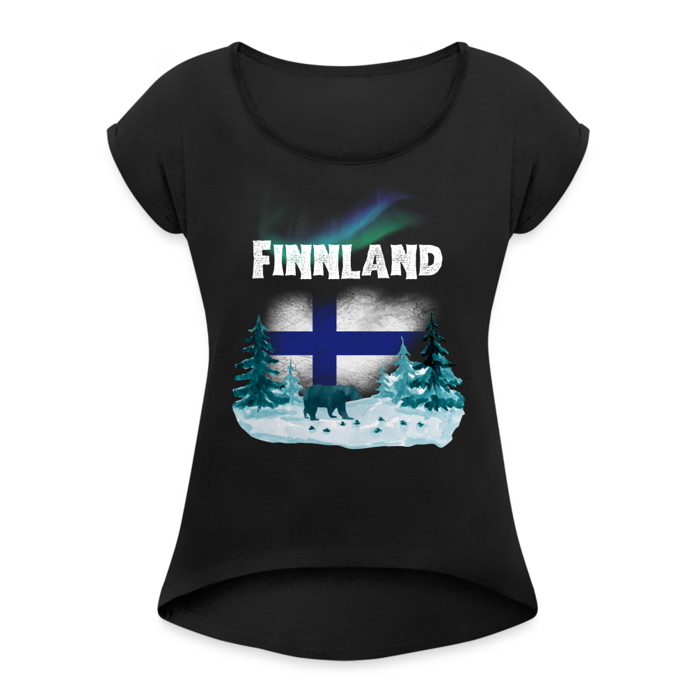 Frauen T-Shirt mit gerollten Ärmeln - Finnland Bär - Schwarz