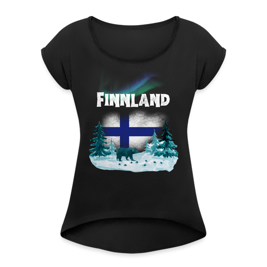 Frauen T-Shirt mit gerollten Ärmeln - Finnland Bär - Schwarz