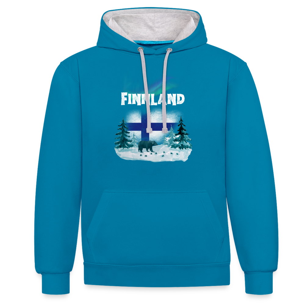 Kontrast-Hoodie - Finnland Bär - Pfauenblau/Grau meliert