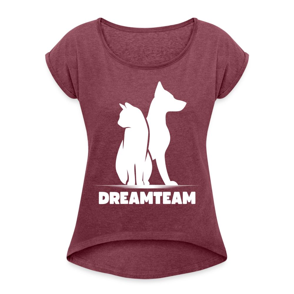 Frauen T-Shirt mit gerollten Ärmeln - Dreamteam II - Bordeauxrot meliert