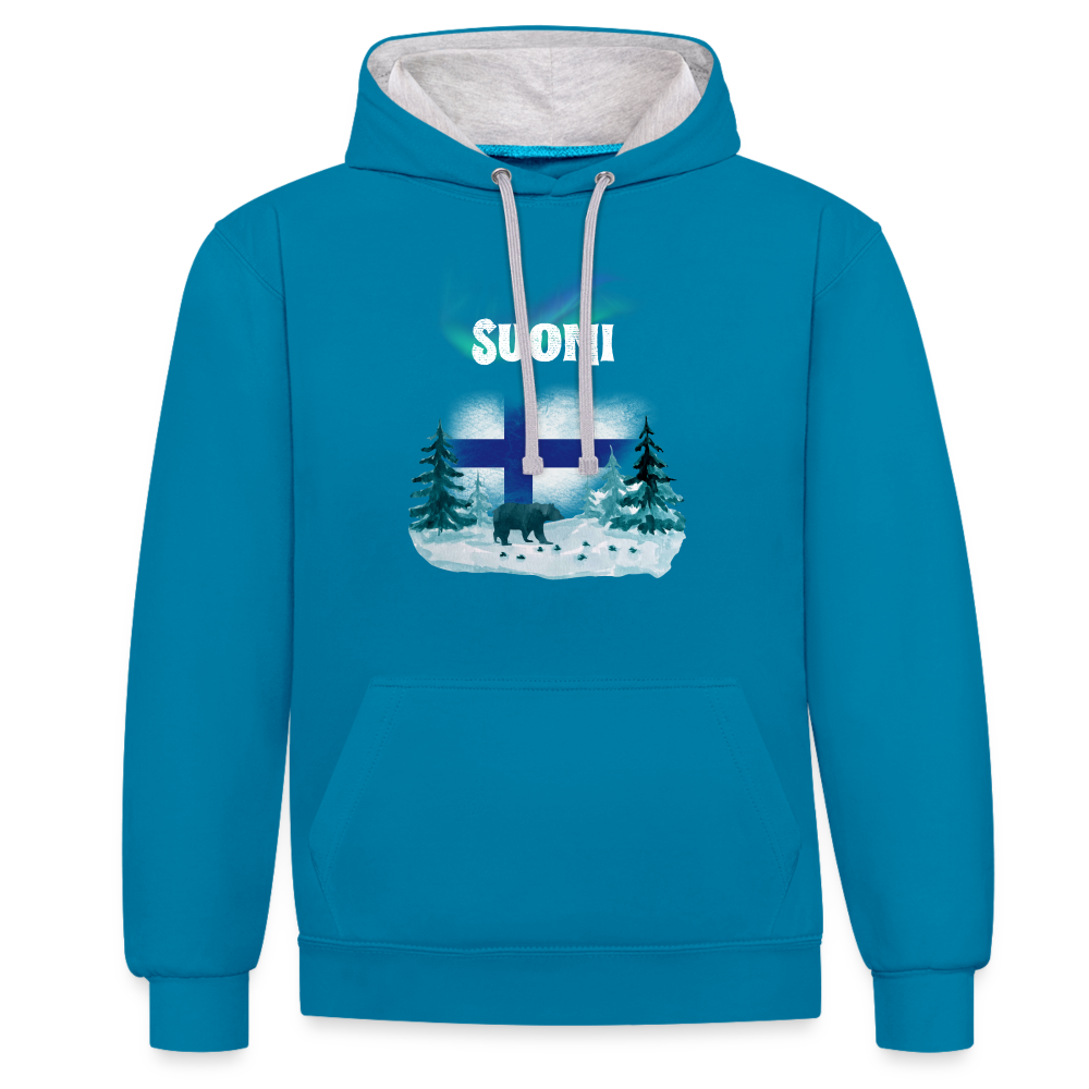 Kontrast-Hoodie - Suomi Bär - Pfauenblau/Grau meliert