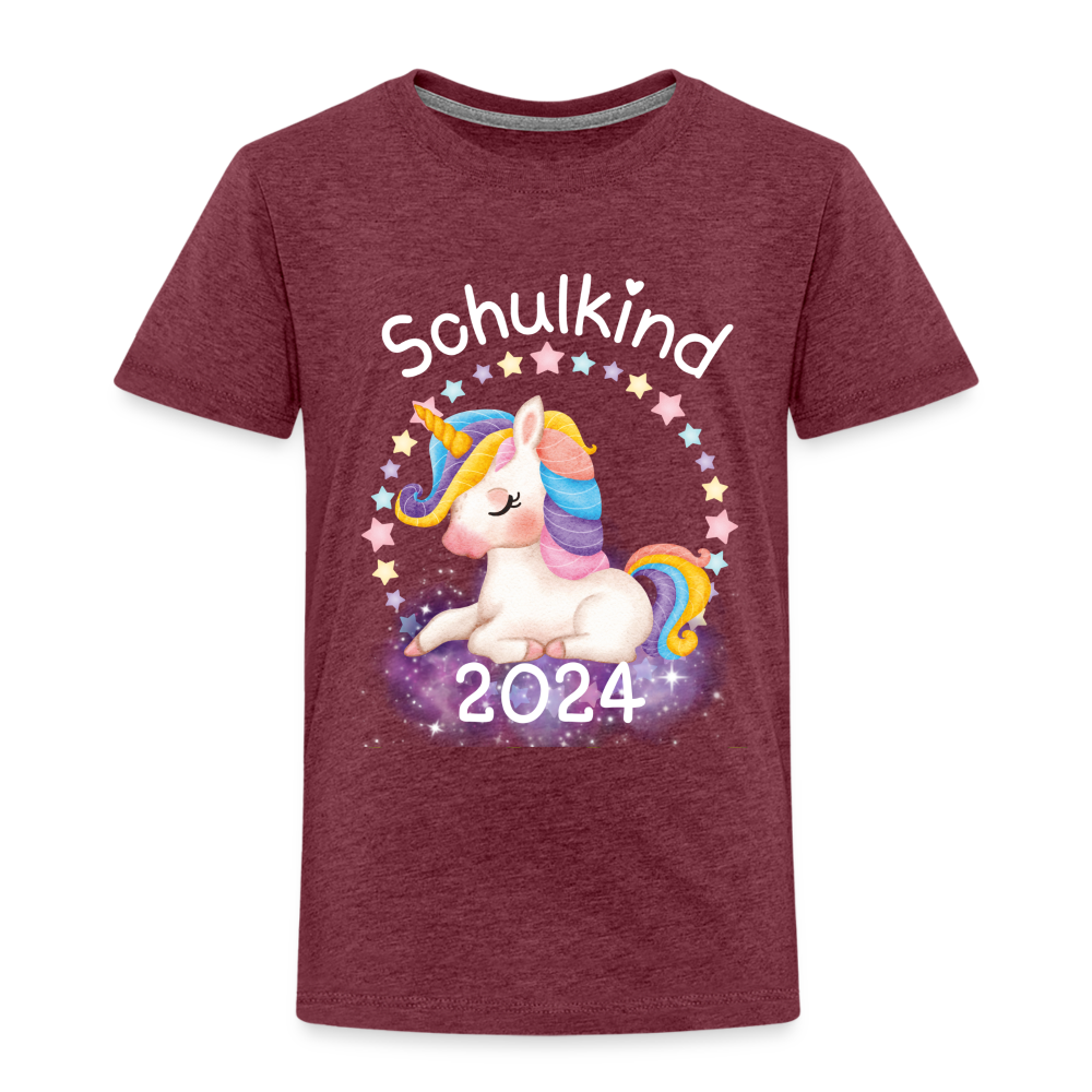 Kinder Premium T-Shirt - Schulkind Einhorn 2024 - Bordeauxrot meliert