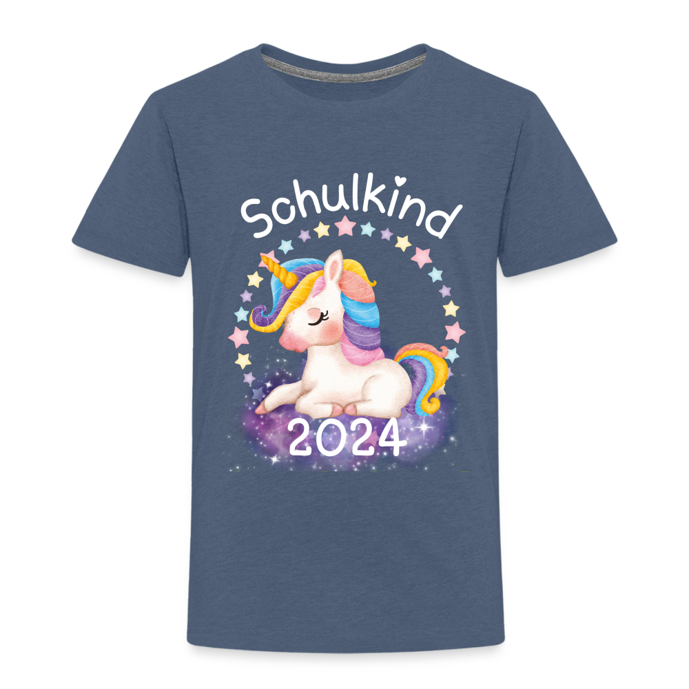 Kinder Premium T-Shirt - Schulkind Einhorn 2024 - Blau meliert