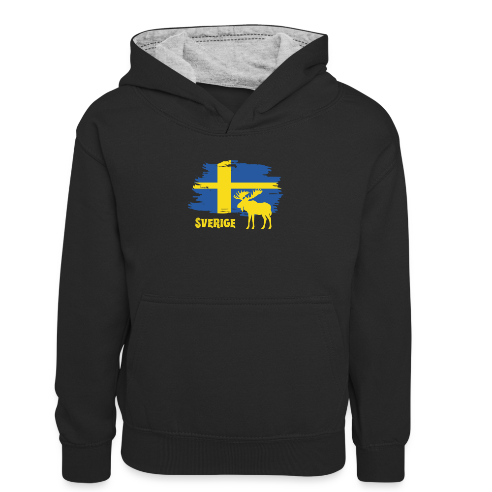 Kinder Kontrast-Hoodie - Sverige Elch (gelb) - Schwarz/Grau meliert