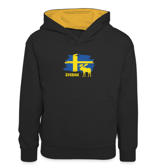 Kinder Kontrast-Hoodie - Sverige Elch (gelb) - Schwarz/Gold