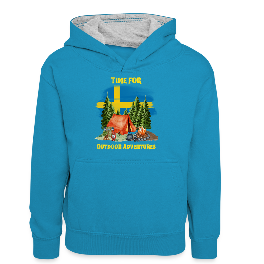 Teenager Kontrast-Hoodie - Outdoor Adventures Schweden - Pfauenblau/Grau meliert