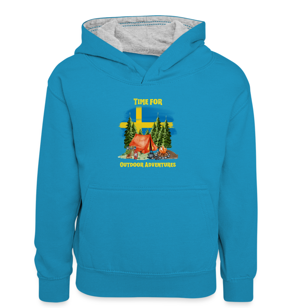 Kinder Kontrast-Hoodie - Outdoor Adventures Schweden - Pfauenblau/Grau meliert