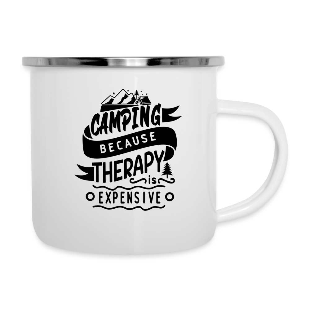 Emaille-Tasse - Camping because Therapy is to expensive - weiß