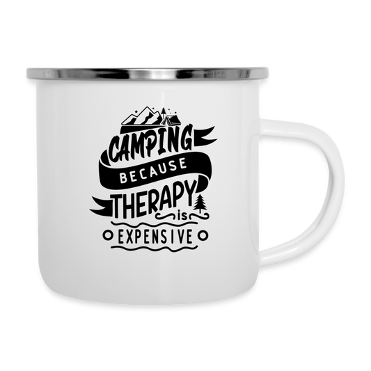 Emaille-Tasse - Camping because Therapy is to expensive - weiß