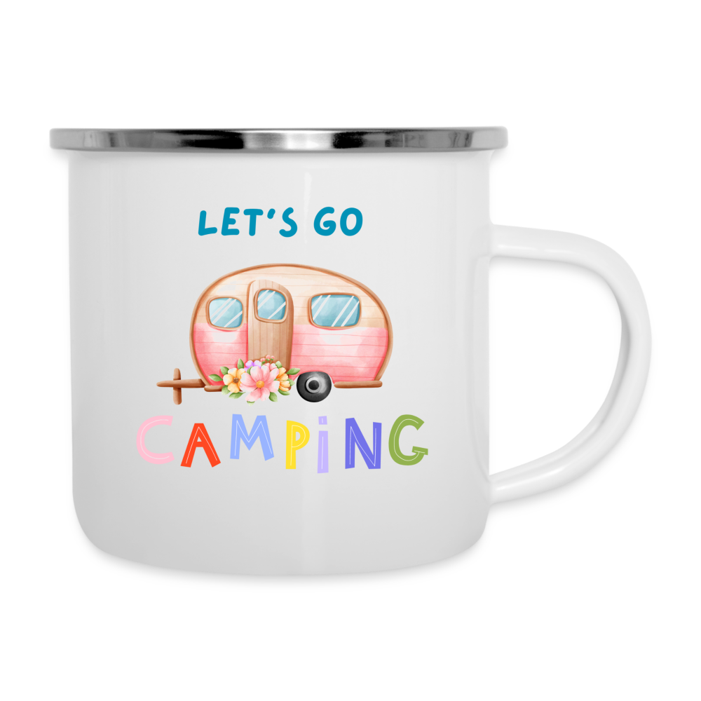 Emaille-Tasse - Let's go Camping Anhänger rosa - weiß