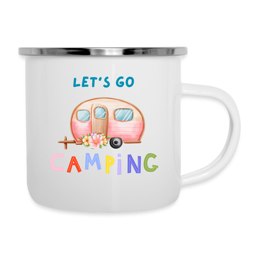 Emaille-Tasse - Let's go Camping Anhänger rosa - weiß