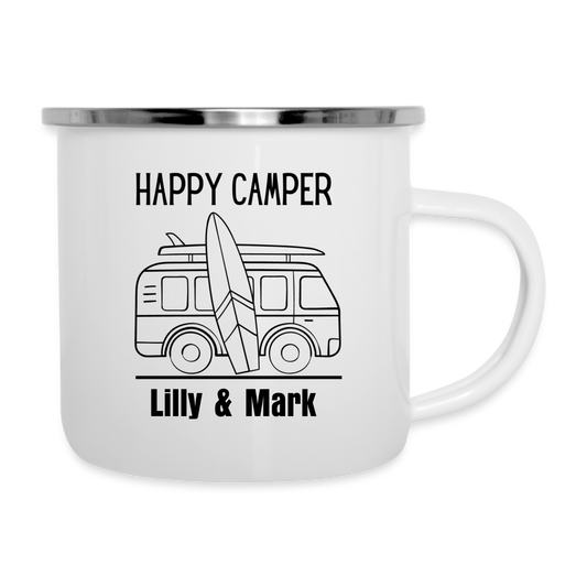 Emaille-Tasse - Happy Camper personalisierbar - weiß