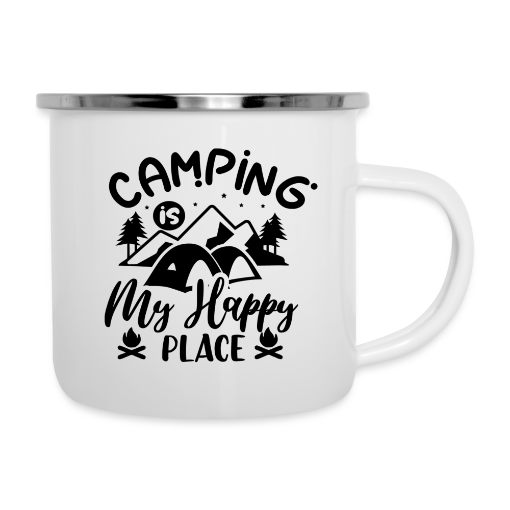 Emaille-Tasse - Camping is my happy place - weiß