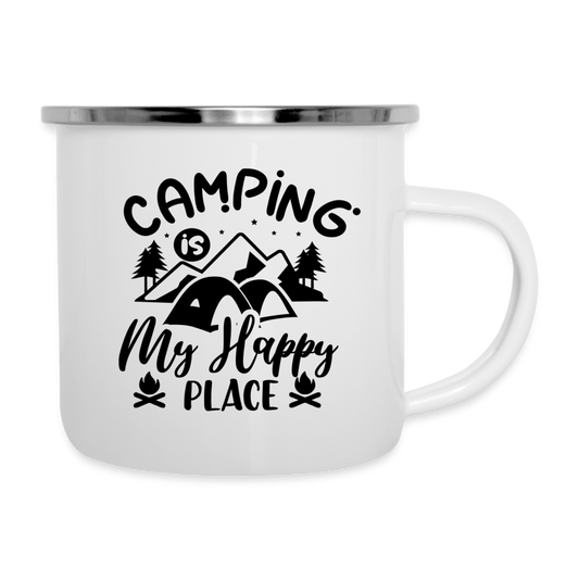 Emaille-Tasse - Camping is my happy place - weiß