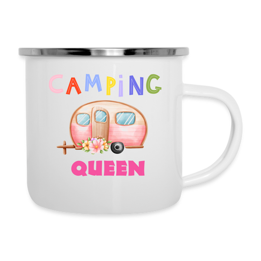 Emaille-Tasse - Camping Queen - weiß