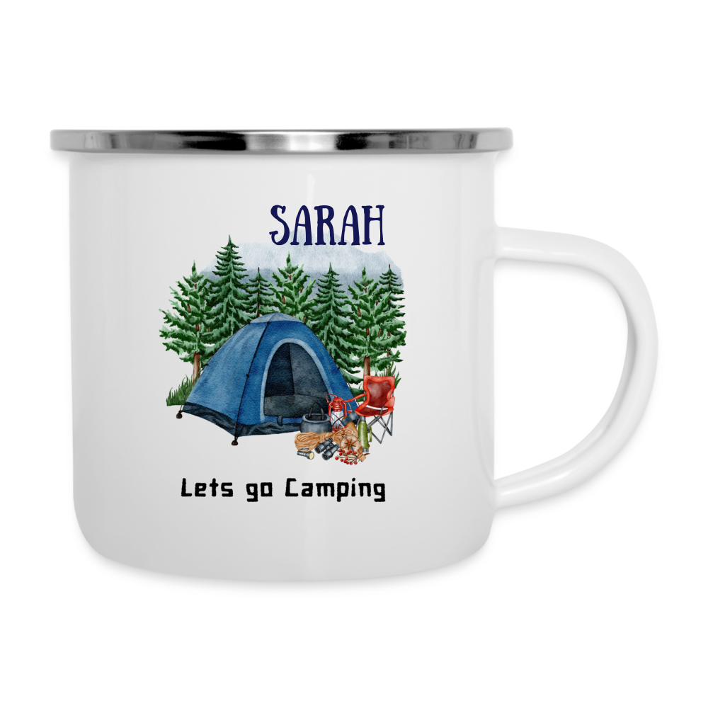 Emaille-Tasse - Lets go Camping personalisierbar - weiß