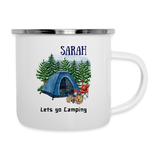 Emaille-Tasse - Lets go Camping personalisierbar - weiß