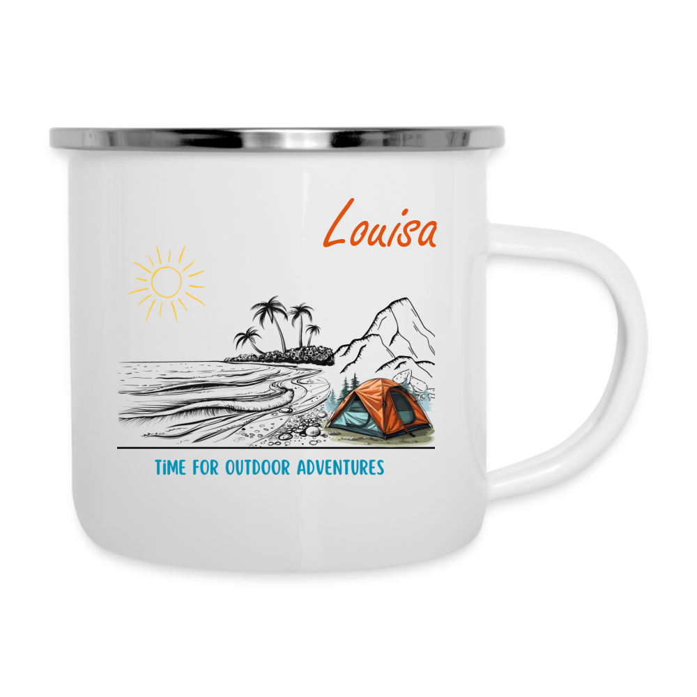 Emaille-Tasse - Time for outdoor adventures personalisierbar - weiß