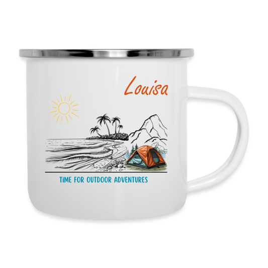 Emaille-Tasse - Time for outdoor adventures personalisierbar - weiß