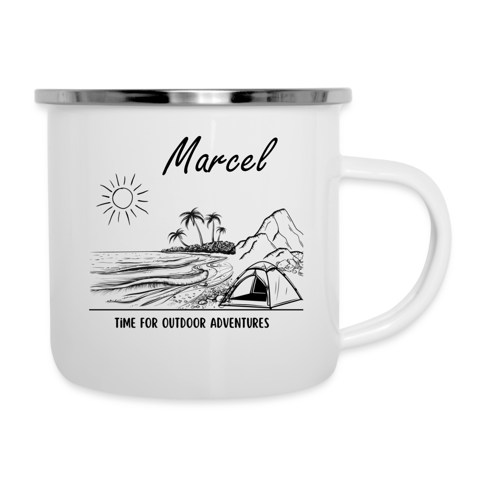 Emaille-Tasse - Time for outdoor adventures schwarzweiß personalisierbar - weiß