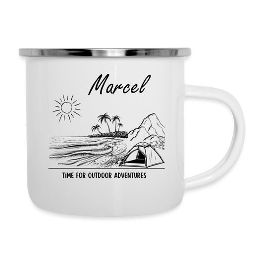 Emaille-Tasse - Time for outdoor adventures schwarzweiß personalisierbar - weiß