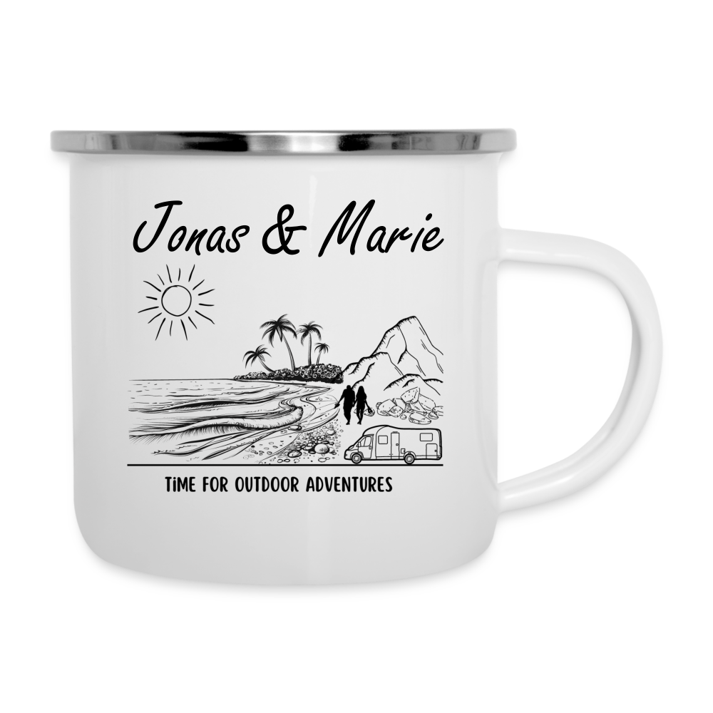 Emaille-Tasse - Time for outdoor adventures couple personalisierbar - weiß