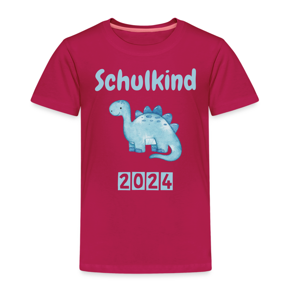 Kinder Premium T-Shirt - Schulkind Dino blau 2024 - dunkles Pink