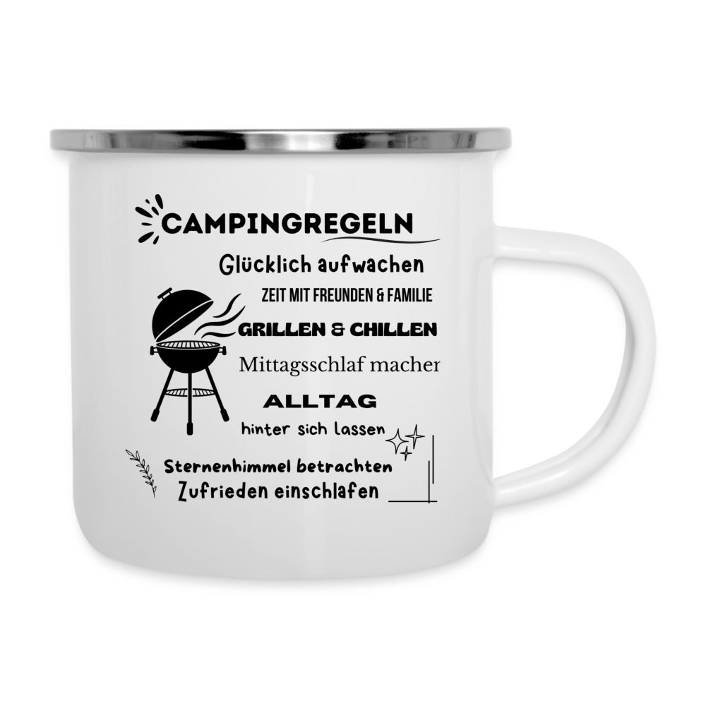 Emaille-Tasse - Campingregeln - Weiß