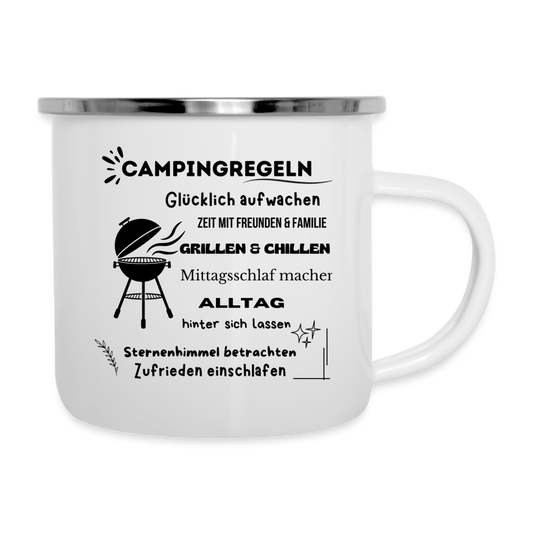 Emaille-Tasse - Campingregeln - Weiß