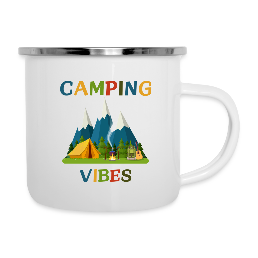 Emaille-Tasse - Camping Vibes bunt - Weiß