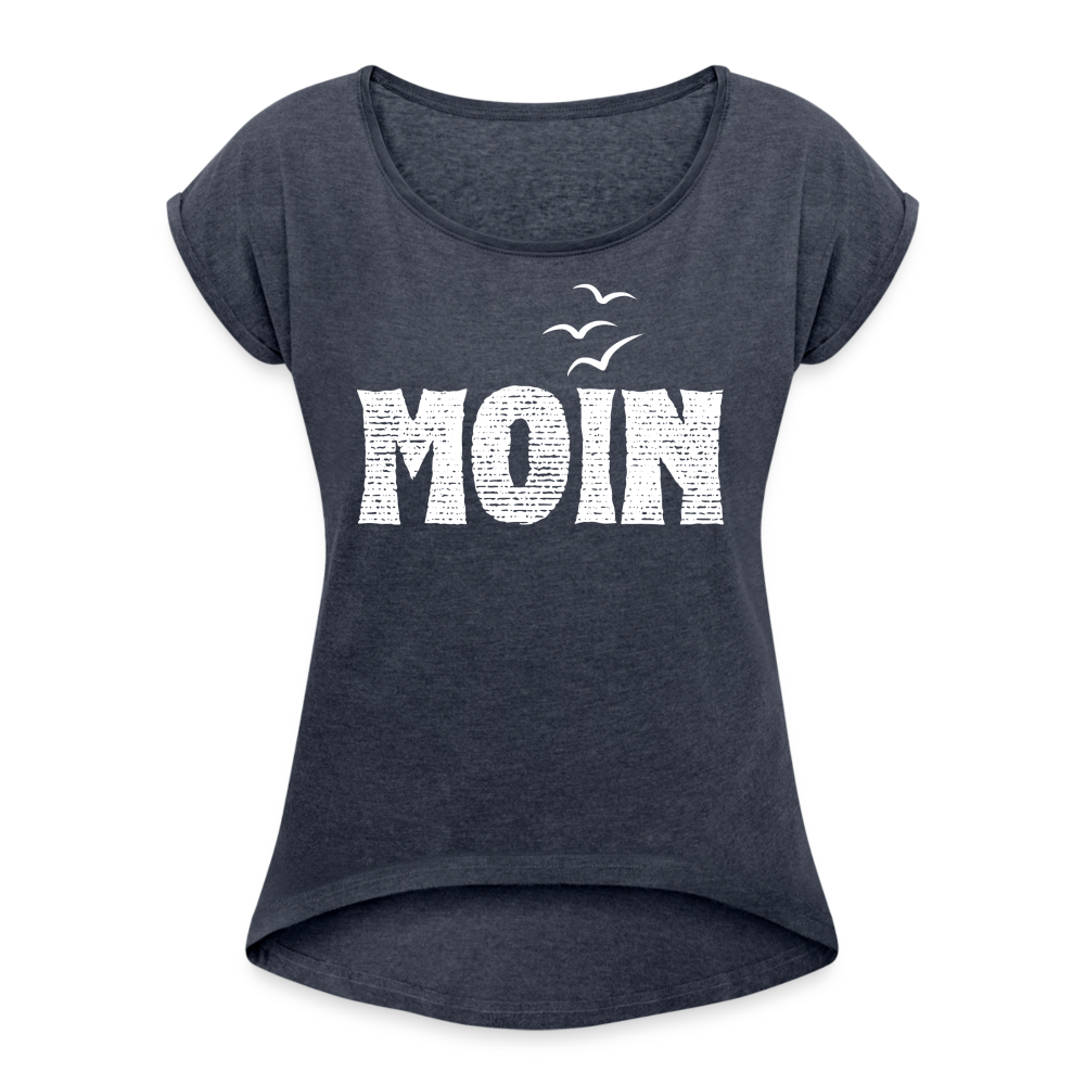 Frauen T-Shirt mit gerollten Ärmeln - Moin (white) - Navy meliert