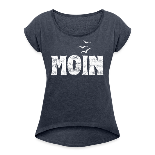 Frauen T-Shirt mit gerollten Ärmeln - Moin (white) - Navy meliert