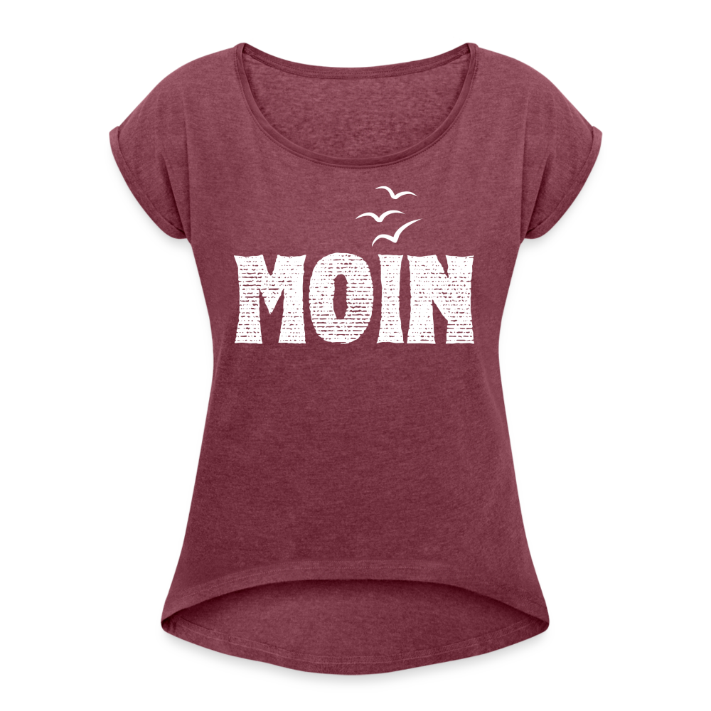 Frauen T-Shirt mit gerollten Ärmeln - Moin (white) - Bordeauxrot meliert