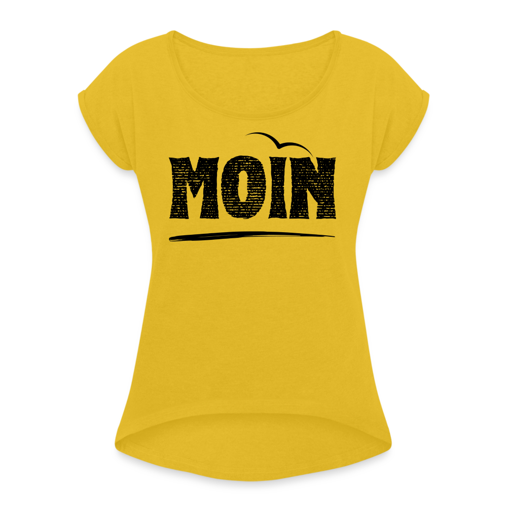 Frauen T-Shirt mit gerollten Ärmeln - Moin Möwe (black) - Senfgelb