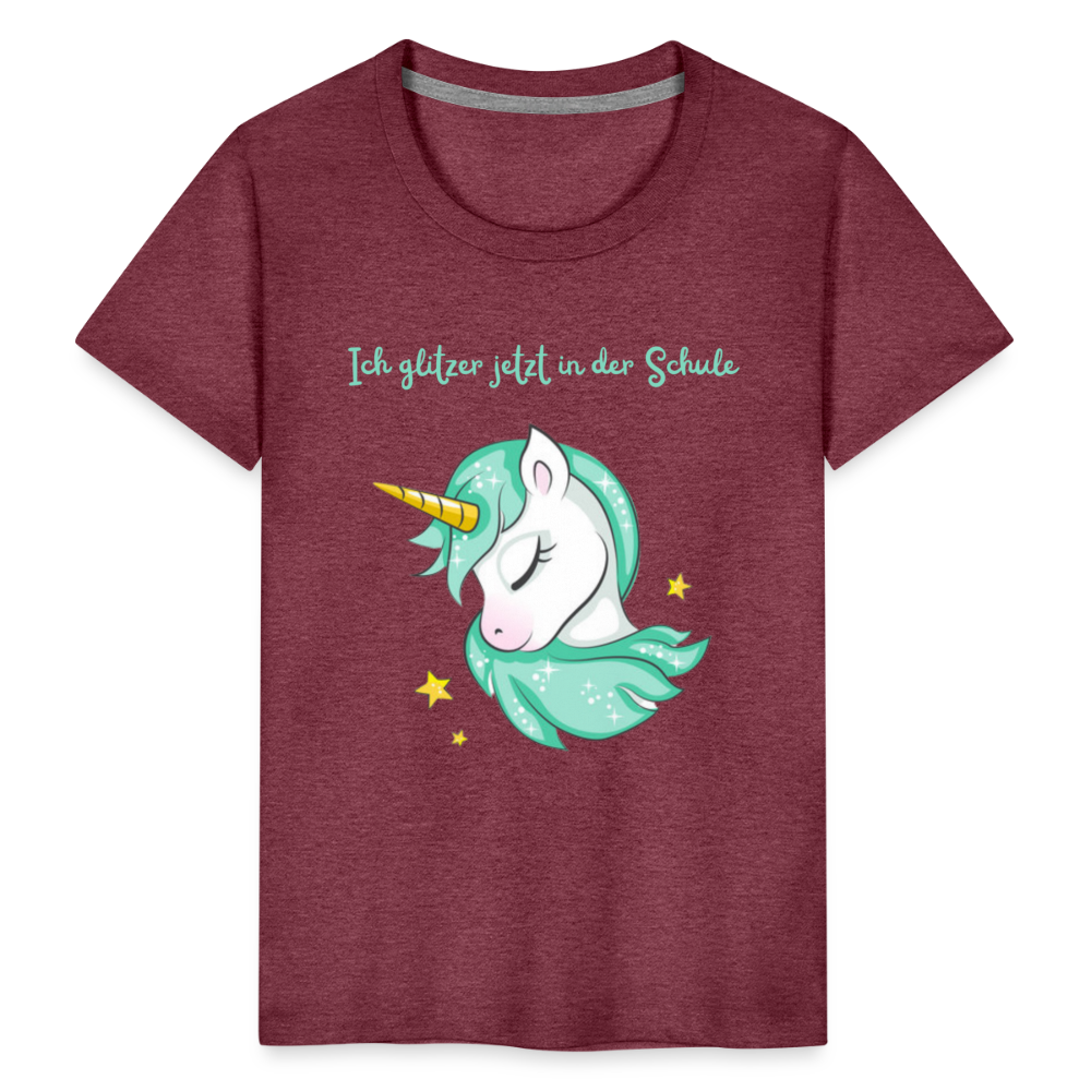 Kinder Premium T-Shirt - Glitzer Einhorn - Bordeauxrot meliert