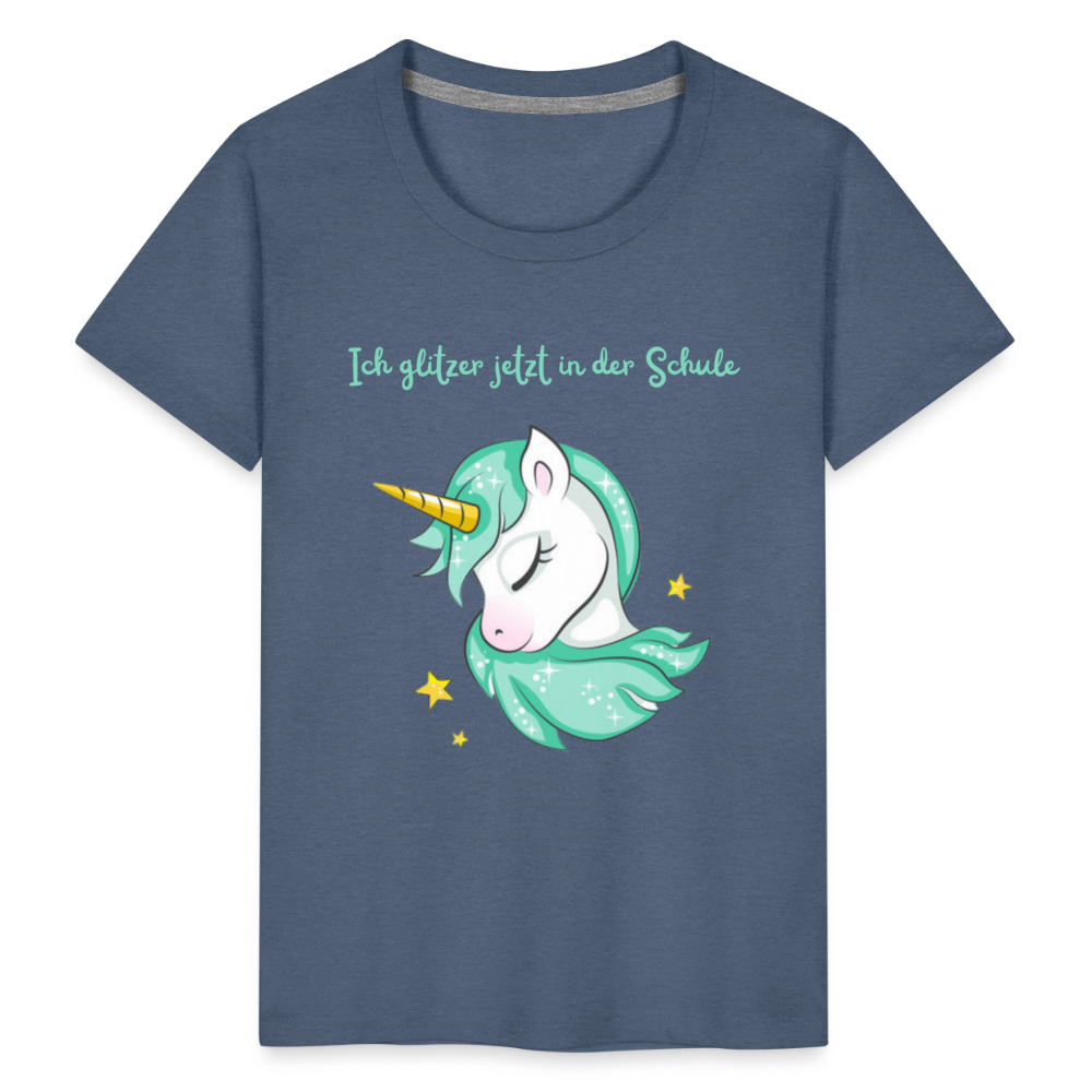 Kinder Premium T-Shirt - Glitzer Einhorn - Blau meliert