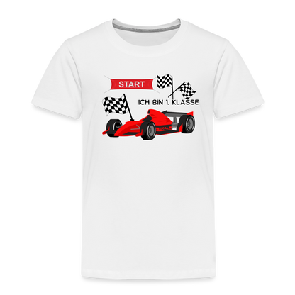 Kinder Premium T-Shirt - Einschulung 2023 Rennauto - weiß