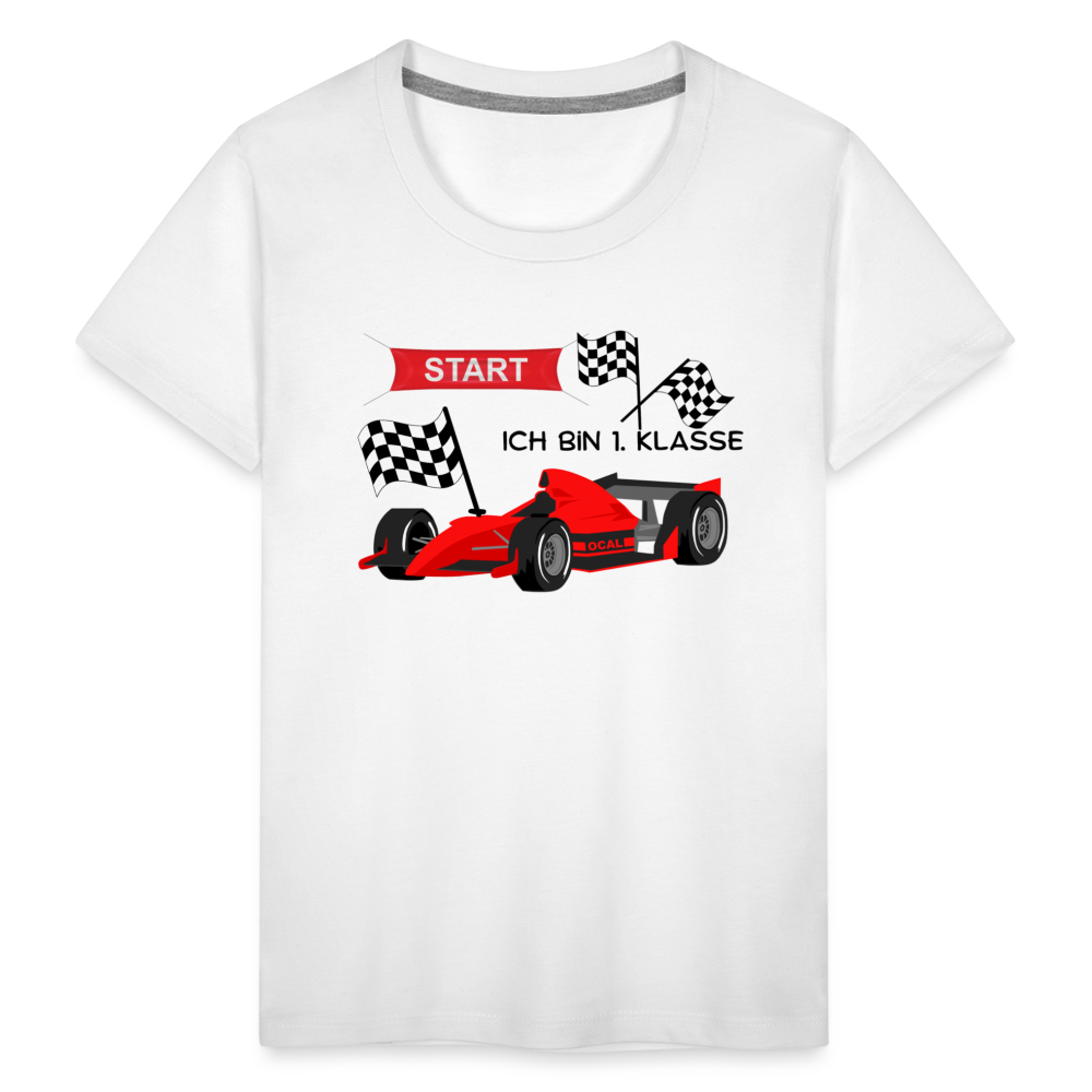 Kinder Premium T-Shirt - Einschulung 2023 Rennauto - weiß