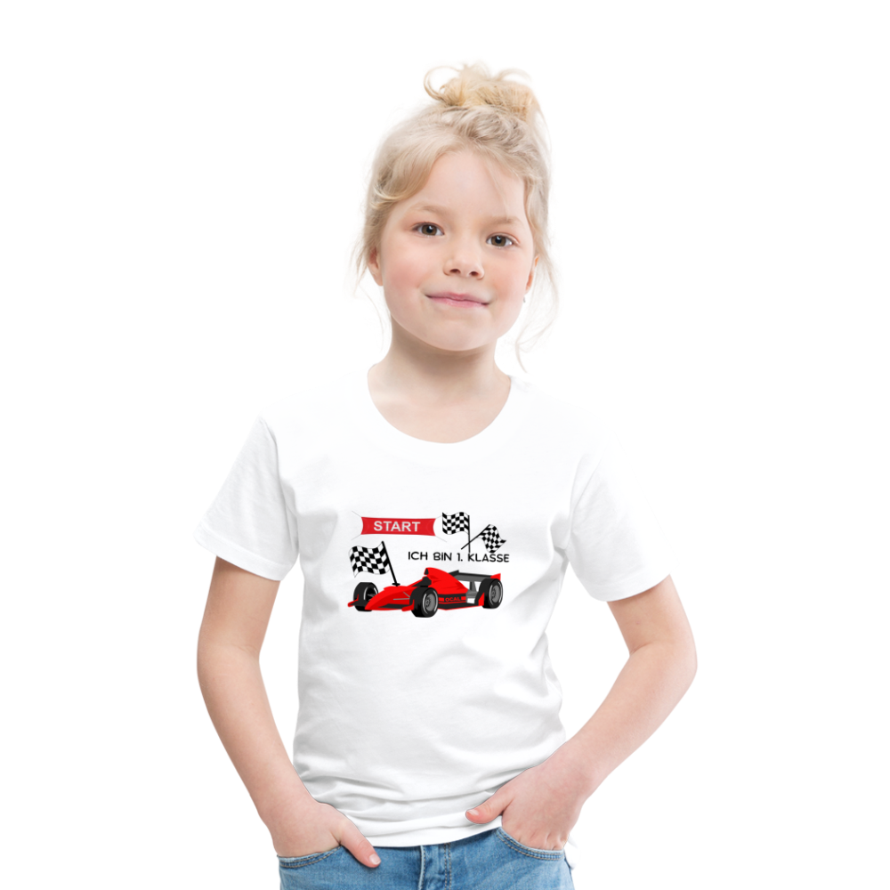 Kinder Premium T-Shirt - Einschulung 2023 Rennauto - weiß