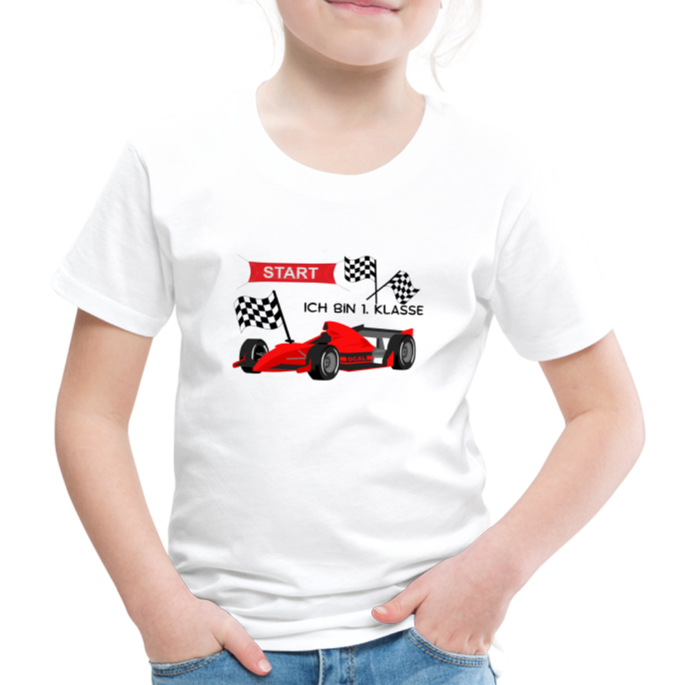 Kinder Premium T-Shirt - Einschulung 2023 Rennauto - weiß