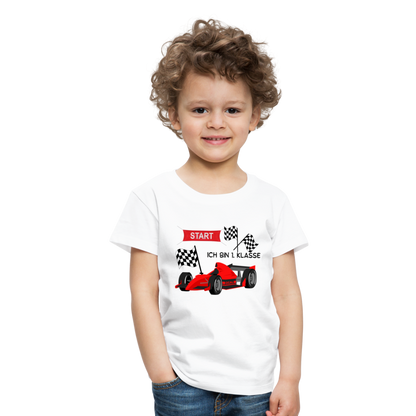 Kinder Premium T-Shirt - Einschulung 2023 Rennauto - weiß