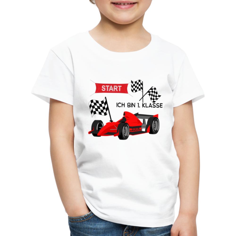 Kinder Premium T-Shirt - Einschulung 2023 Rennauto - weiß