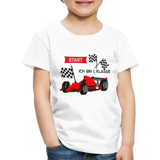 Kinder Premium T-Shirt - Einschulung 2023 Rennauto - weiß