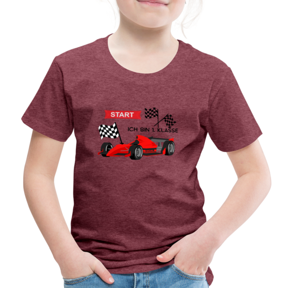 Kinder Premium T-Shirt - Einschulung 2023 Rennauto - Bordeauxrot meliert