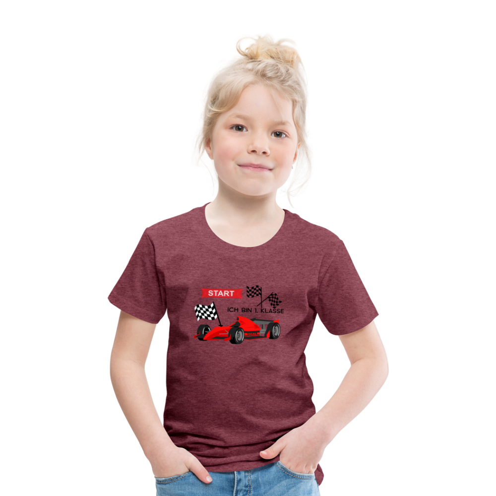 Kinder Premium T-Shirt - Einschulung 2023 Rennauto - Bordeauxrot meliert