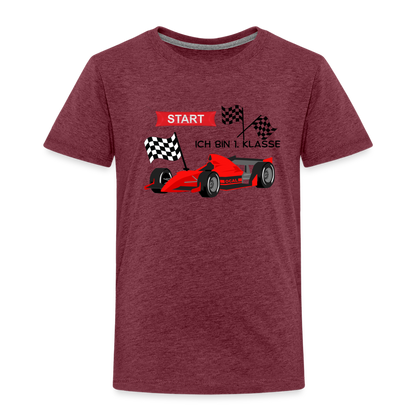 Kinder Premium T-Shirt - Einschulung 2023 Rennauto - Bordeauxrot meliert