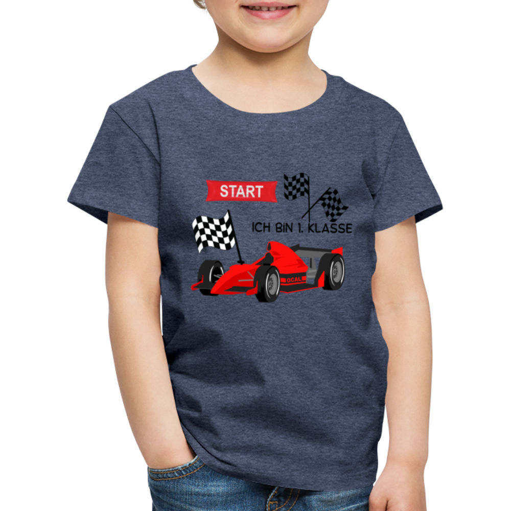 Kinder Premium T-Shirt - Einschulung 2023 Rennauto - Blau meliert